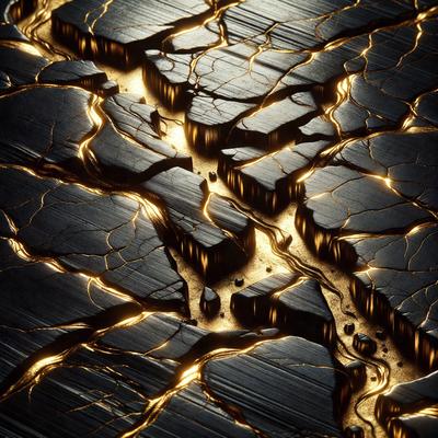 The primary subject of the image is a close-up of a cracked, black surface with yellow streaks. The setting appears to be a dark room, and the visual style is a combination of a photo and digital art. The dominant colors are black and yellow, creating a moody and dramatic atmosphere.